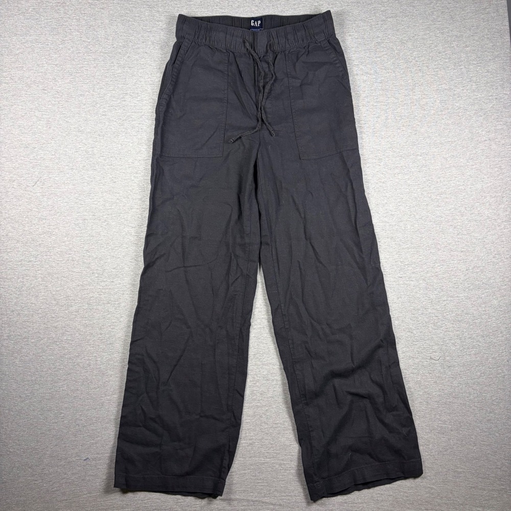 GAP Linen Blend Wide Leg Pants XS Black Elastic Waist Casual Summer Coastal